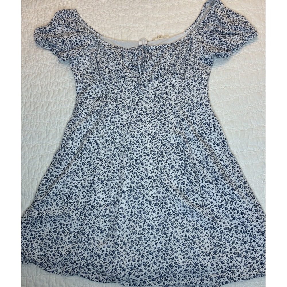 LA Hearts Mini Dress Junior Sz M Blue Floral Milkmaid Puff Sleeve Coquette Boho